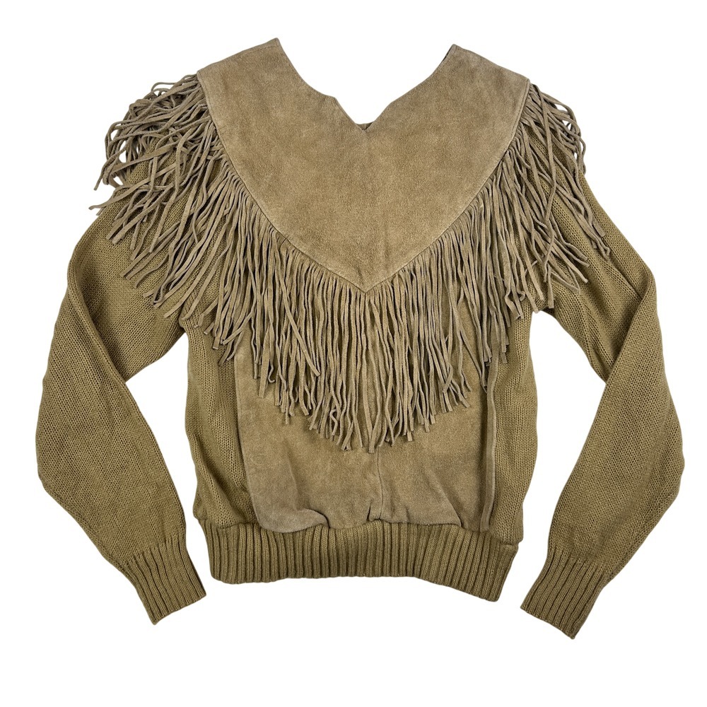 Vintage Pioneer Wear Sweater Womens Large Suede Fringe Western Knit Sand 80s